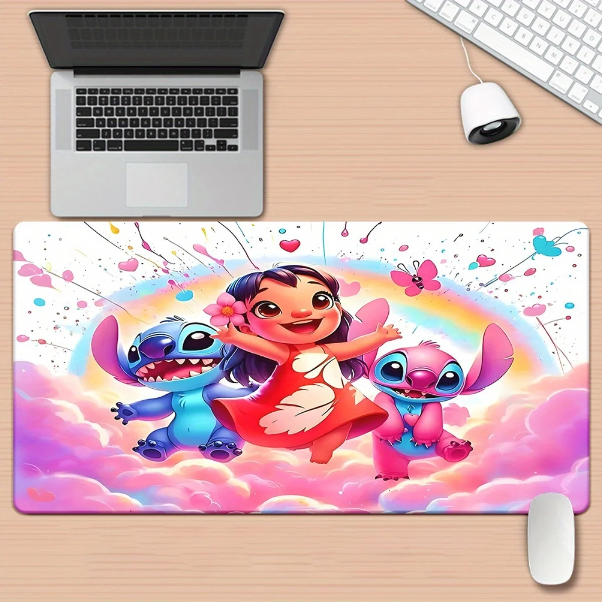 

1pc Disney Lilo & Stitch Large Mouse Pad - Non-Slip Rubber Base, Vibrant Rainbow & Cloud Design, XXL Desk Mat for Office, Gaming