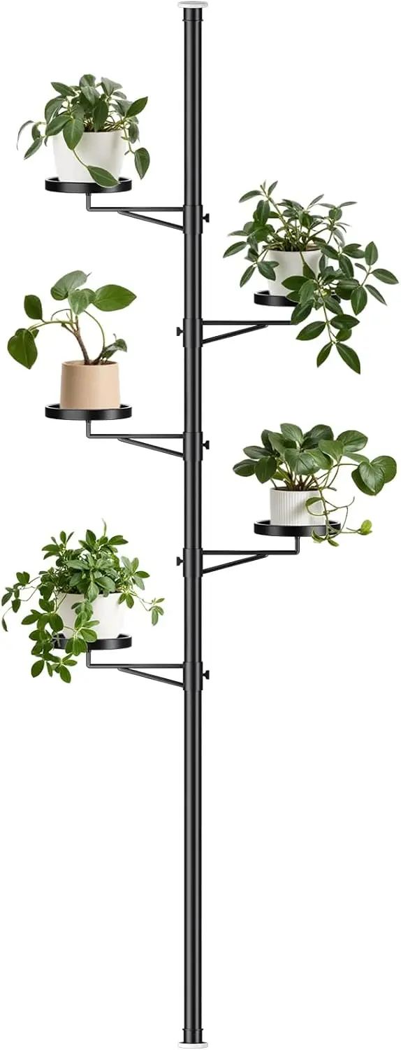

5-ярусная подставка для растений на телескопической штанге с металлическими поддонами, напольная стойка для комнатных растений