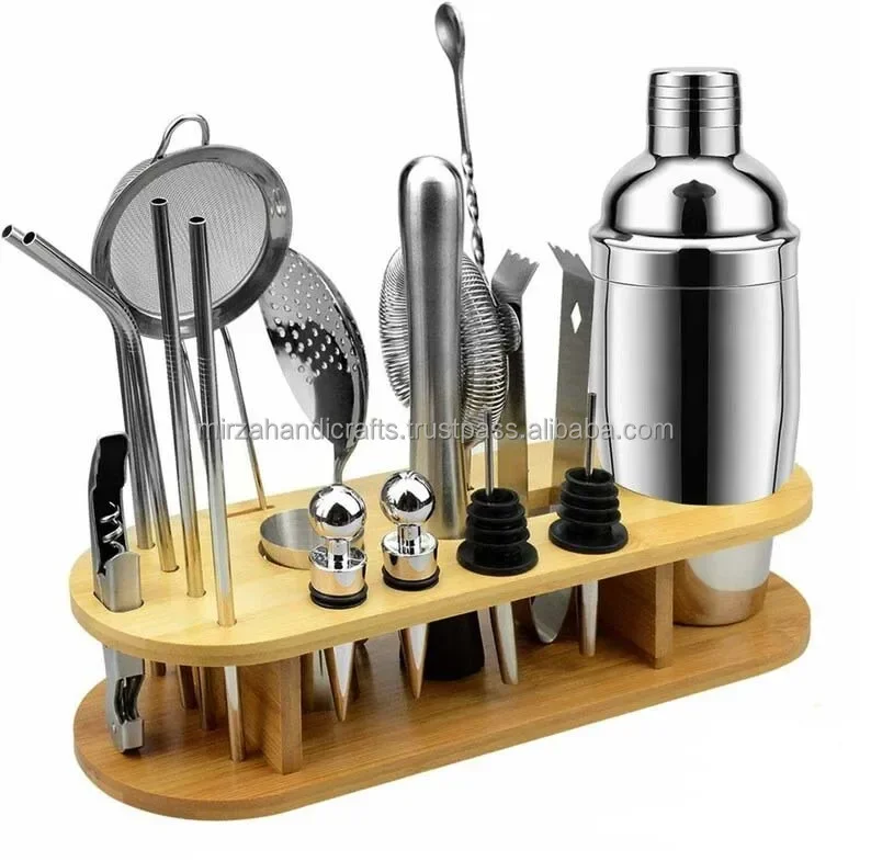 11 Piece Black Finished Bar Set Cocktail Shaker  with Rustic Wood Stand Perfect Home tending Kit   Metal  Tools