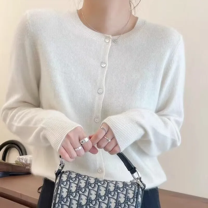 Primavera e outono novo 100% lã pura cardigan feminino em torno do pescoço elegante e elegante camisola de malha jaqueta de caxemira