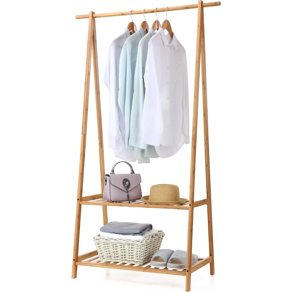 

Bamboo Clothes Rack Portable Extra Large Garment Rack 2-Tire Storage Box Shelves For Entryway and Bed Room