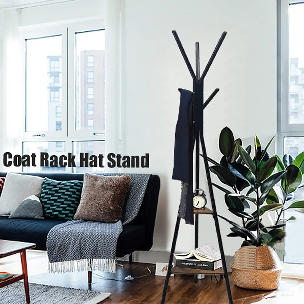 

Formwell-Clothes Rack Stand, Free Standing Display, Hall Tree Metal Hat Hanger, Garment Storage Holder, 6 Hooks, 2 Shelves