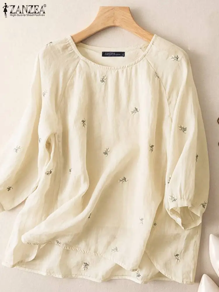 Vintage Women Embroidery Blouse Spring 3/4 Sleeve Floral Tops ZANZEA 2023 Causal Work Shirt Female O Neck Cotton Blusas Oversize