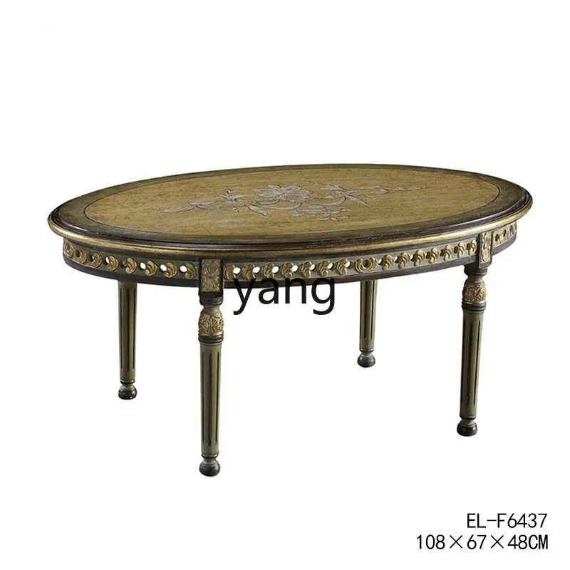 Yjq Solid Wood Oval Handmade Hollow Carved Gilding Vintage Green Hand Painted Villa Coffee Table