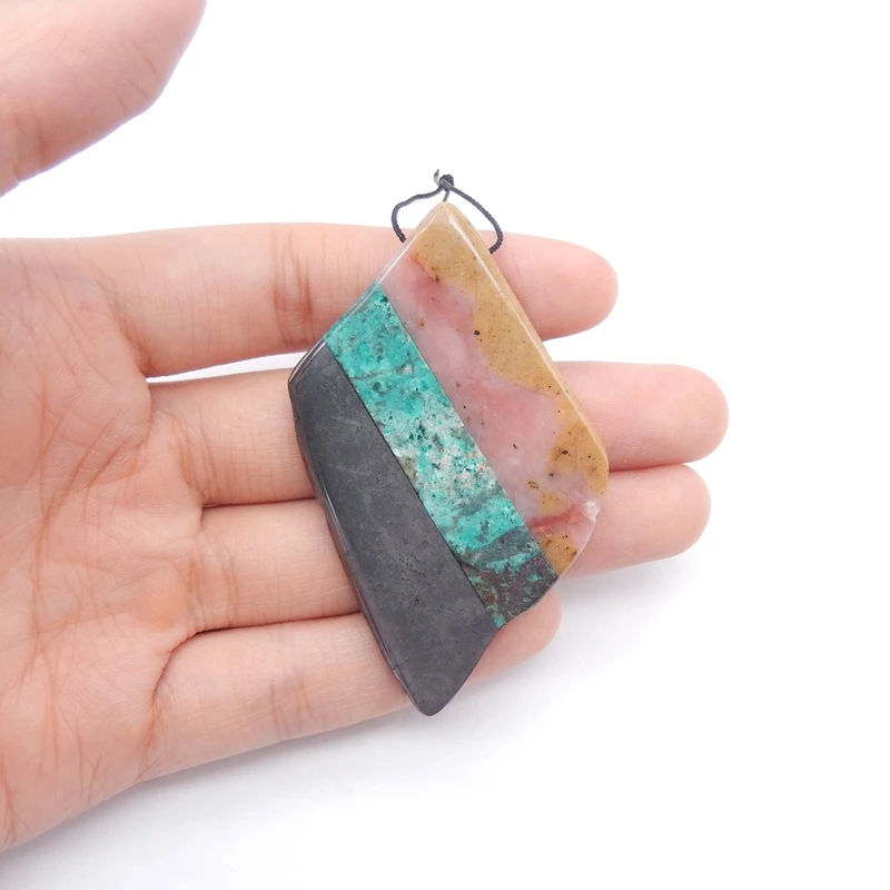 

Natural Pink Tourmaline Chrysocolla with Hematite Intarsia Pendant Bead - Side Drilled Jewelry Making Accessory 37x49x6mm, 24.3g