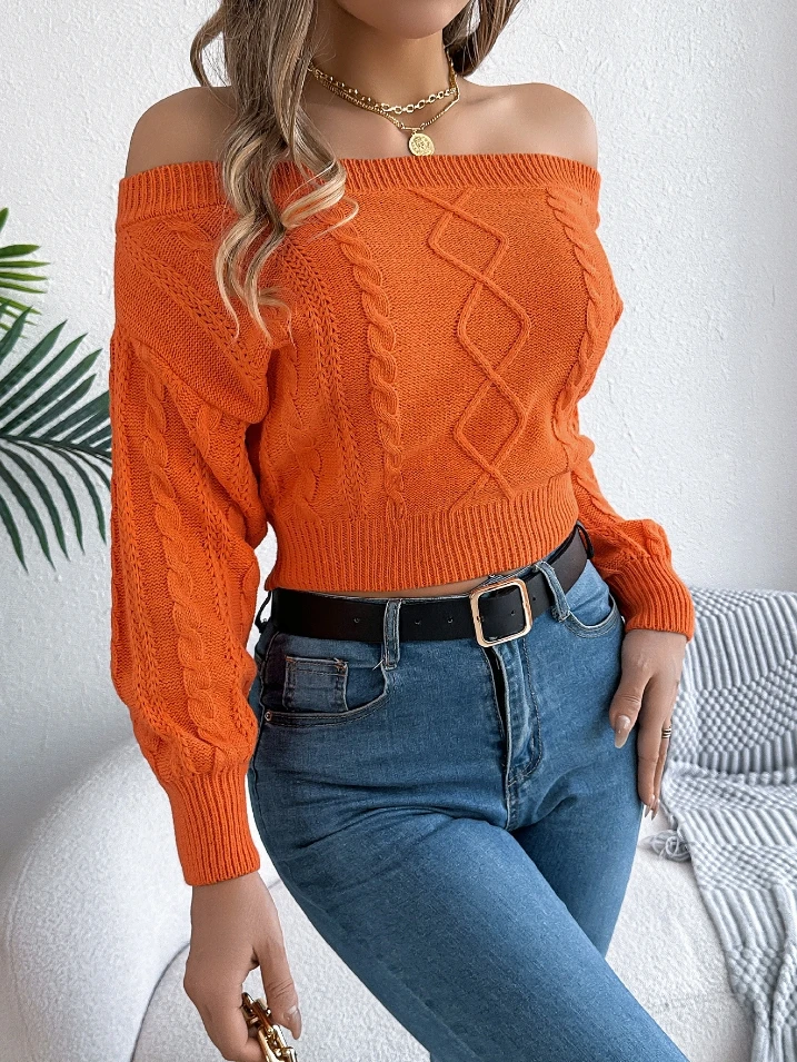 Casual solid color one neck off shoulder long sleeved pullover sweater