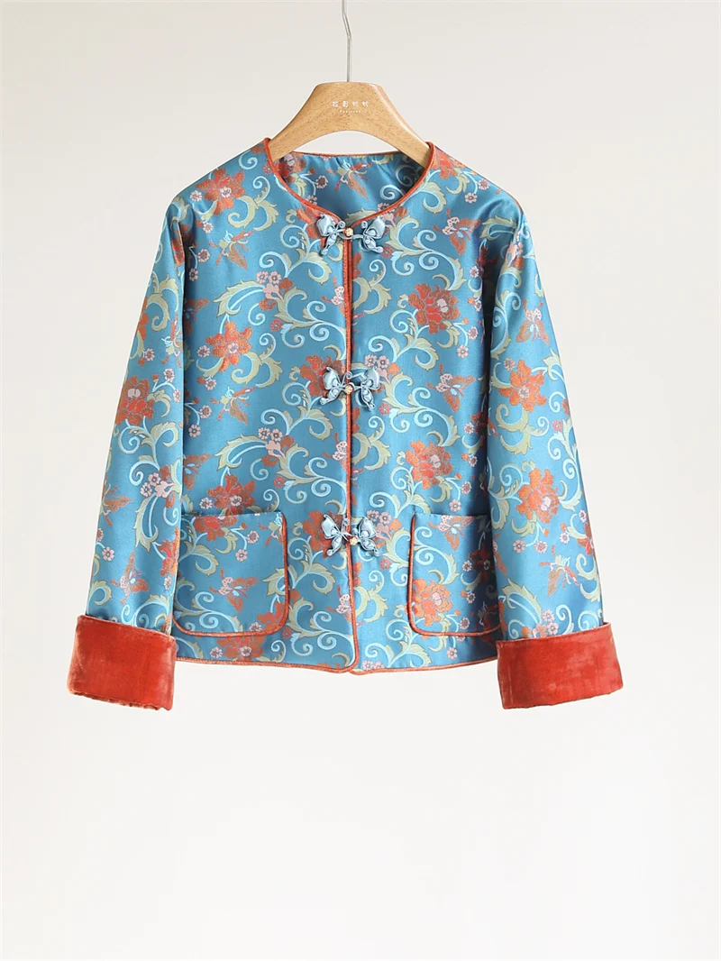 

Handmade round Ne Cotton Jaet Women's Coat with Large kets Color Blo New Chinese Sle Autumn Winter Top Fanyoo