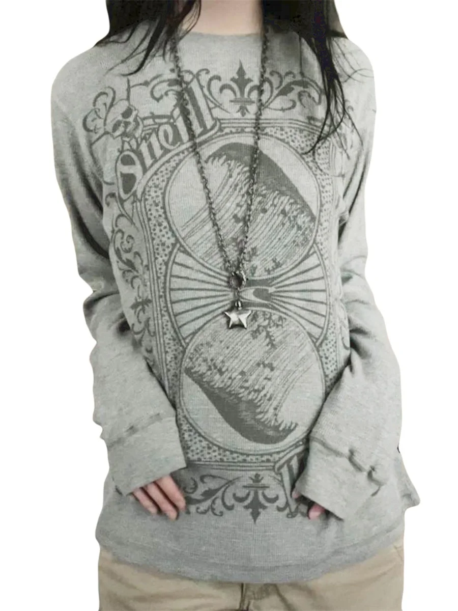 Female Tops Printed Patterns Round Neck Long Sleeve Loose Pullover Blouse for Spring Autumn Gray S M L XL