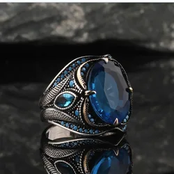 Sapphire temperament men's ring personality retro punk zircon accessories