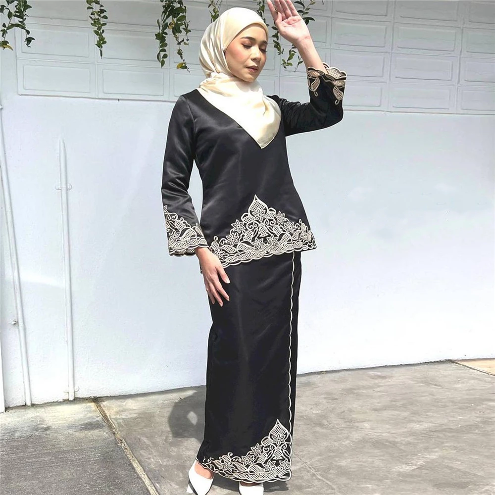 Turkey Ramadan Muslim Set Women Fashion Satin Long Sleeve Tops Skirts Blouse Embroidery Baju Kurung Vintage Casual Elegant Suit