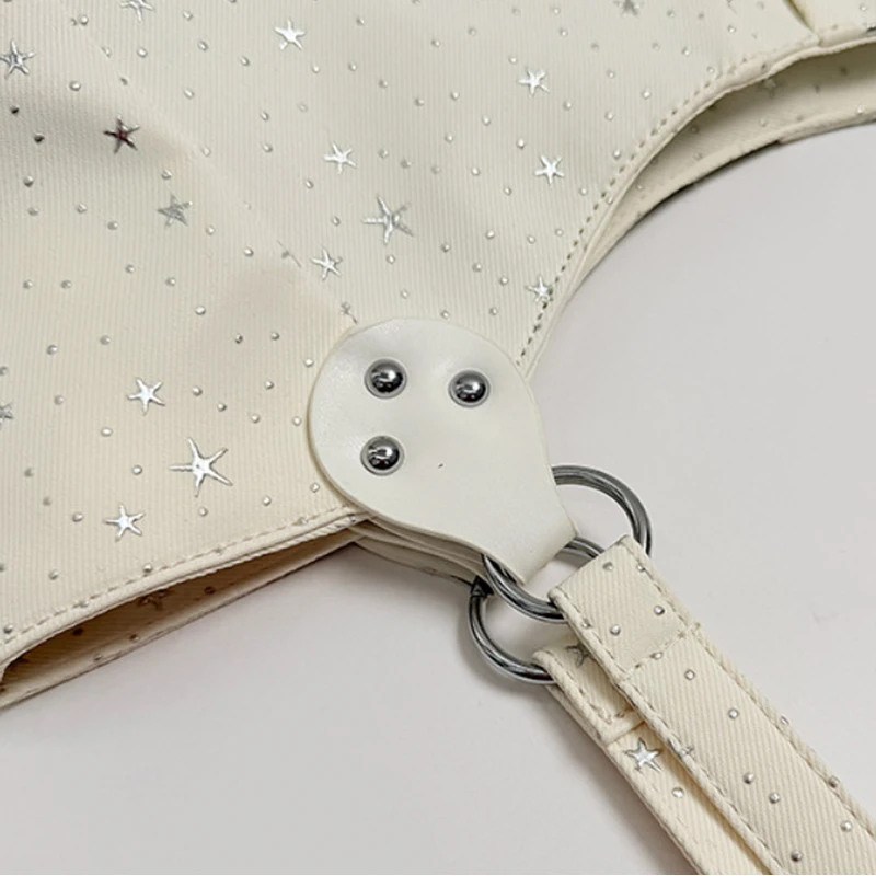 Handtasche mit seitlichem Reißverschluss und Musiknoten-Sternmuster, koreanische Nylon-Umhängetasche, süße, lässige, einfarbige Damen-Einkaufstasche für die Arbeit – Detail 4