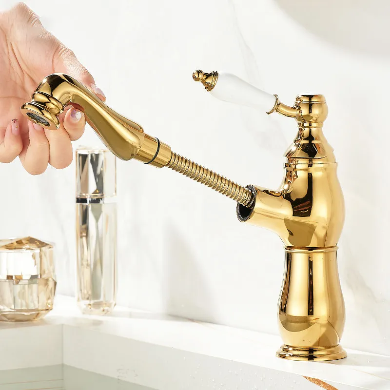 Gold all-copper pull-out faucet, basin, washbasin, bathroom, wash basin, hot and cold washbasin, bathroom cabinet, household