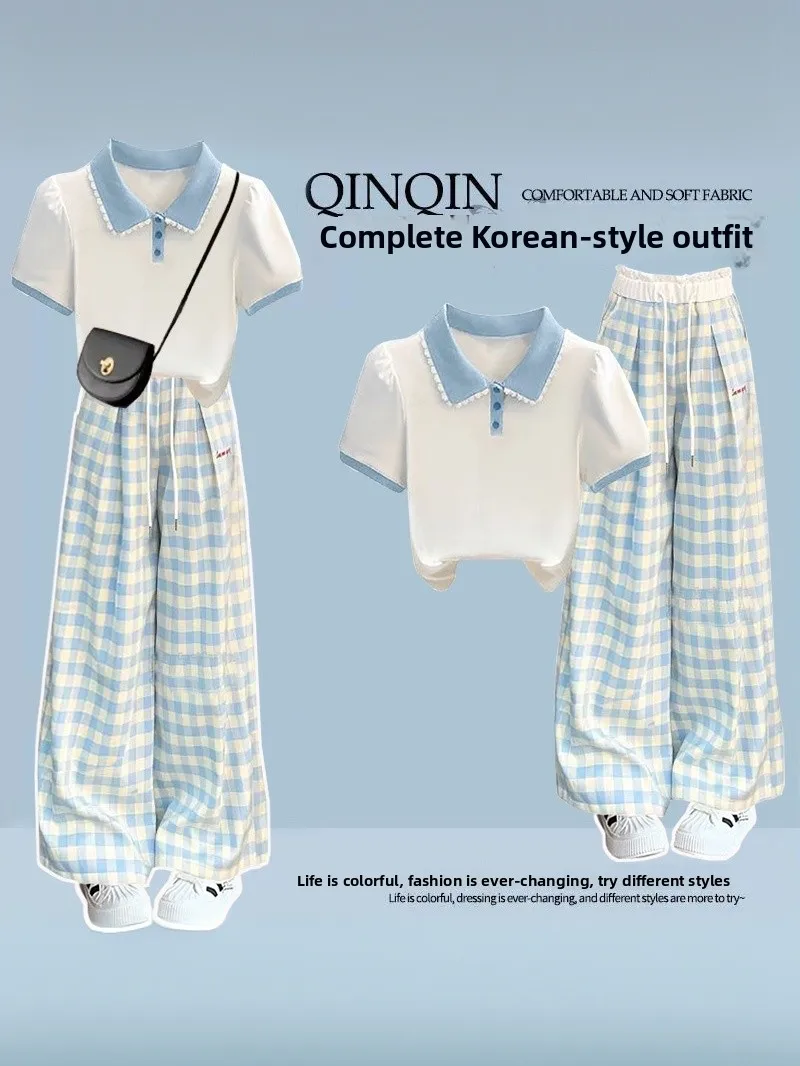 

Summer Plaid Wide Leg Pants Set Short Sleeve Shirt for Girls Student Outfit Teenage Fashion Two-Piece Cotton Ensemble