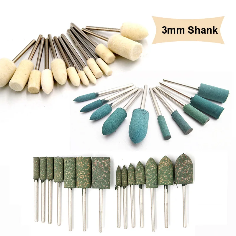 Polishing Grinding Wheels Wool/Sesame/Rubber/Cowhide Grinding Tools- Mixed Set 3mm Shank-100 Pieces
