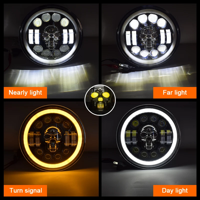 7 Inch Round LED Skull Headlight High Low Beam Light DRL Turn Signal Angel Eyes Motorcycle Headlamps For Harley Jeep Wrangler