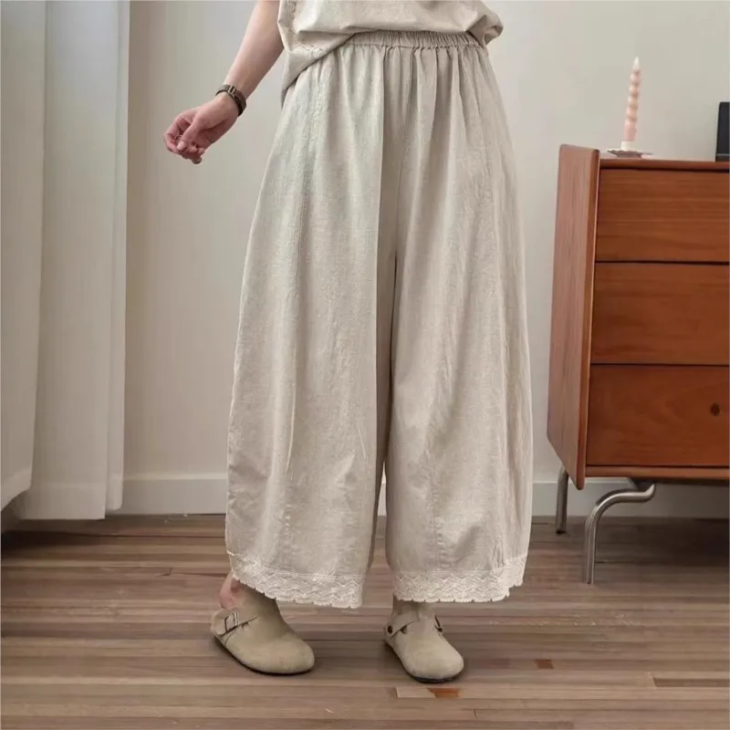 

Johnature New Summer Wide-leg Versatile Lace-trimmed Straight-leg Pants 2025 New Casual Vintage Women Trousers