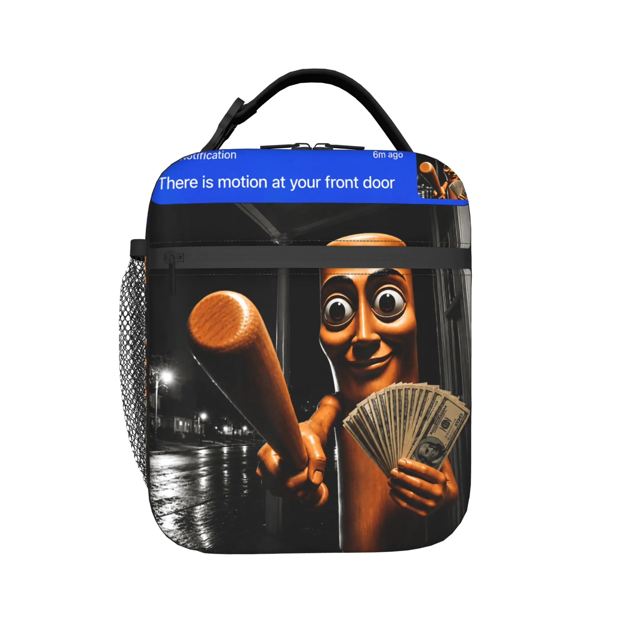 There is Motion at Your Front Tung Tung Tung Sahur Money Lunch Bag Portable Zipper Lunch Box Women Picnic Print Cooler Bag