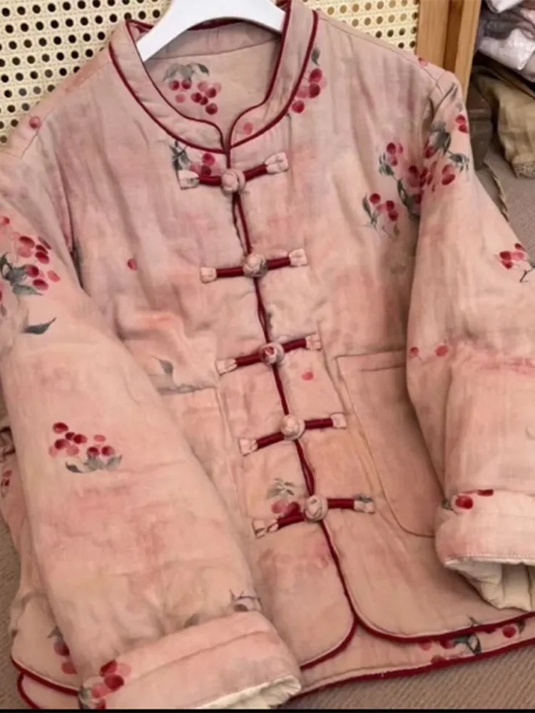 

Модное маленькое хлопковое женское зимнее пальто с принтом Jaet и Bule National Sle Zen Mind Long Sve round Ne ort Model