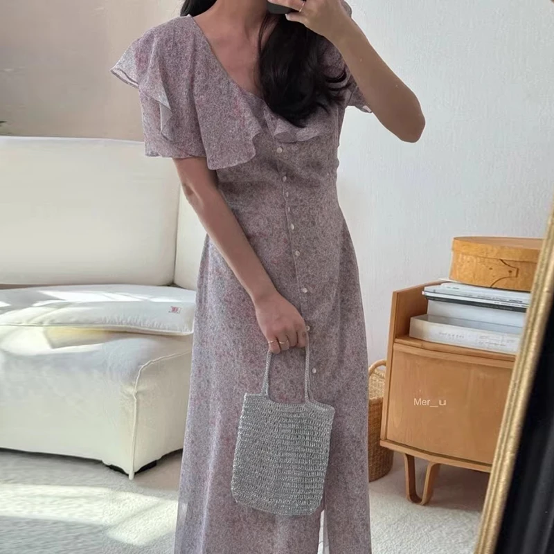 Vestido largo romántico con estampado Floral para mujer, novedad de verano, estilo e, vestido de gasa con dobladillo d...