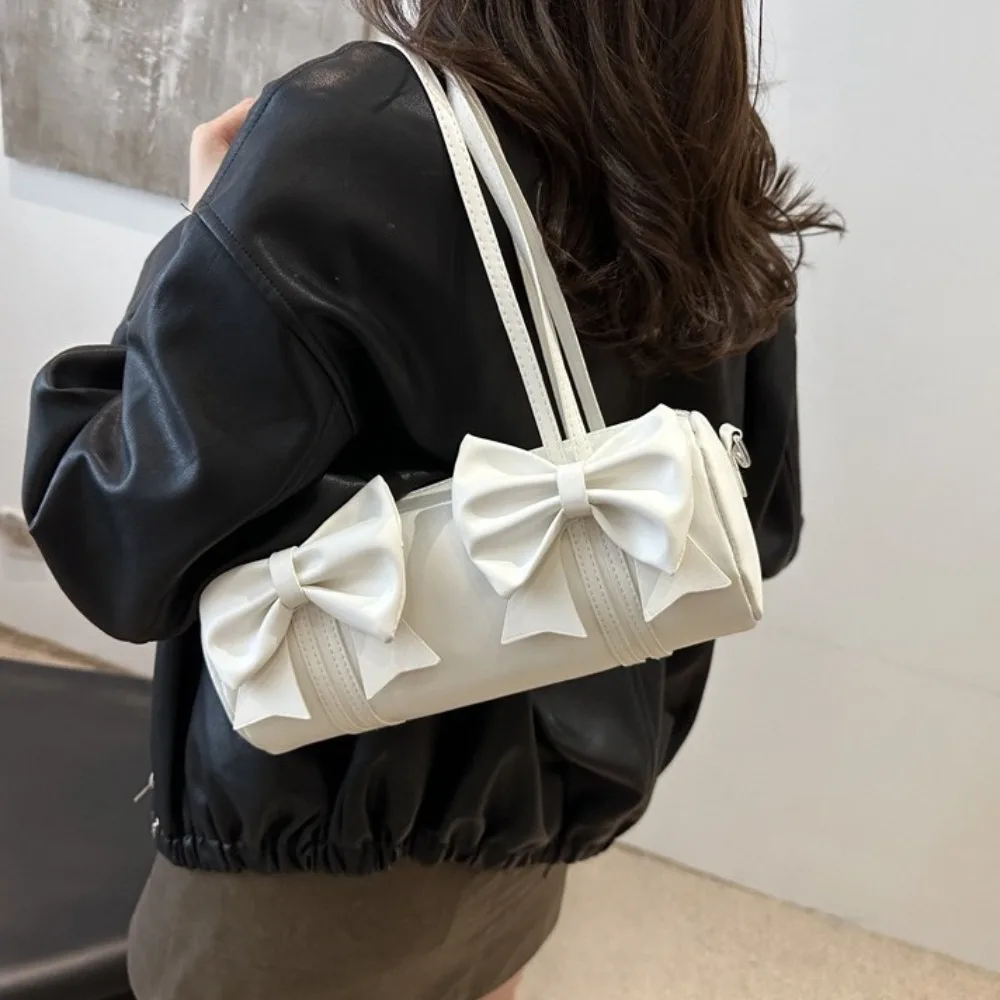 Solid Color Bow Cylinder Bag Hobo Korean Style Balletcore Handbag Large Capacity Bowknot Pleated Single Shoulder Bag Daily