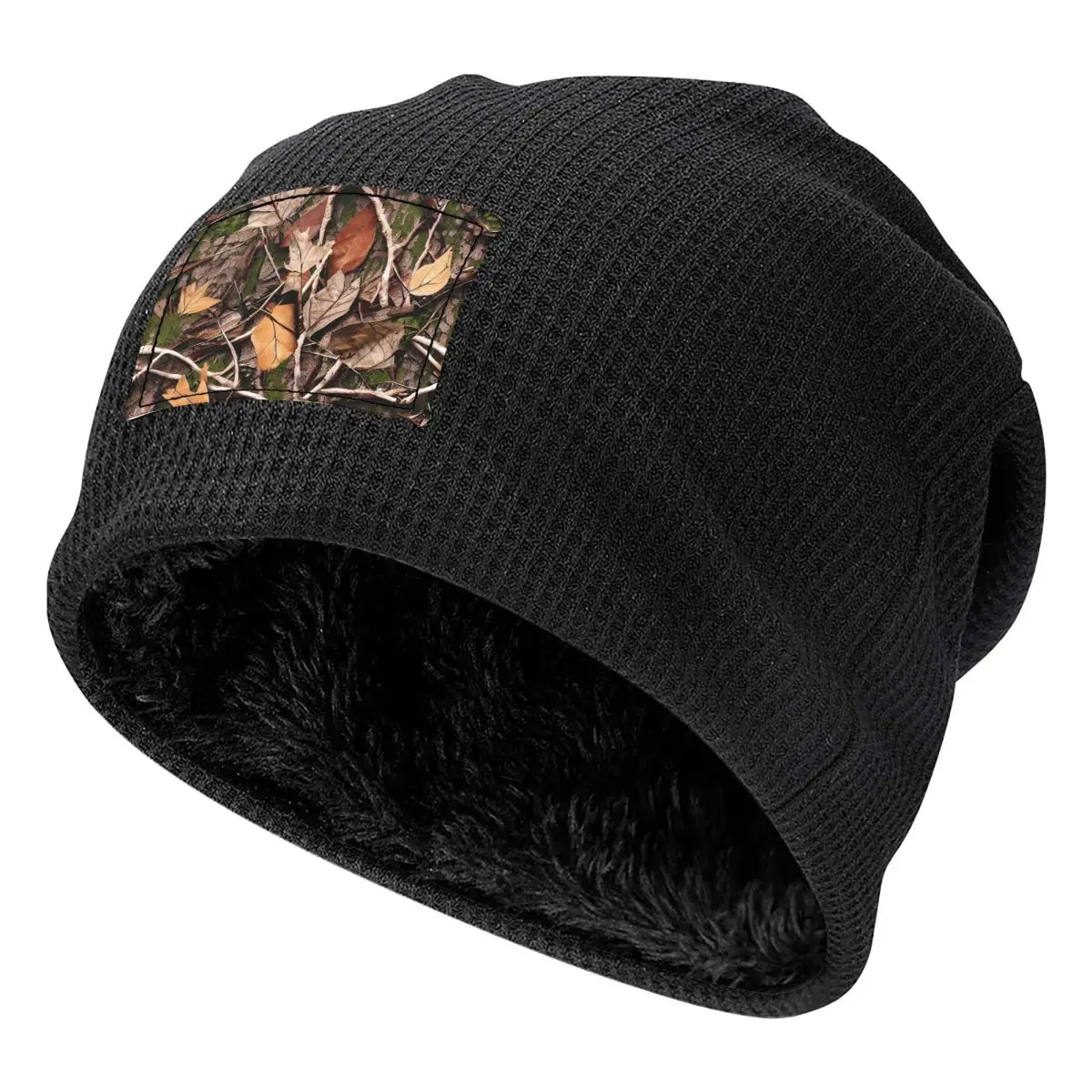Realistic Tree Hunting Camo Leaves Sticks And Bark Camoflouge Waffle Fleece Lined Beanie with PU Leather Patch Winter Soft Cap