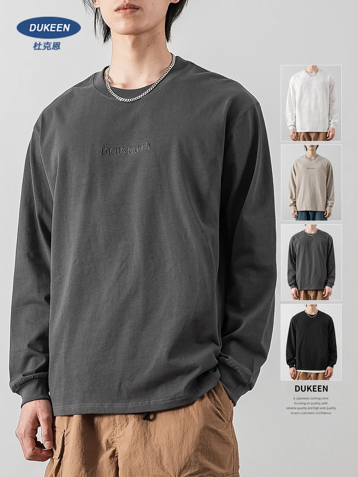 

DUKEEN 280 г тяжелые трендовые футболки с длинными рукавами и вышивкой для мужчин, весенне-осенние топы из 100% хлопка с круглым воротником, уличная одежда