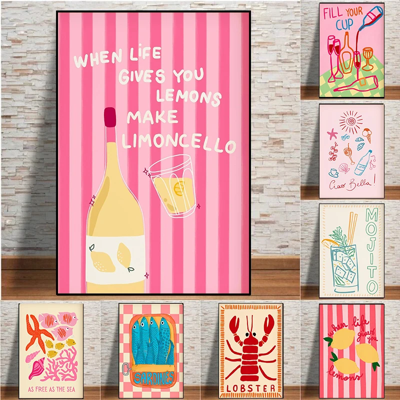 Summer Tropical Preppy Seashell Beach Poster Print Wine Lobster Canvas Art Painting Pictures Home for Modern Living Room Decor