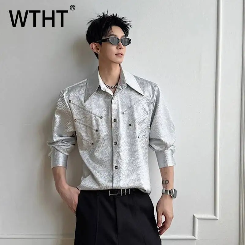 

WTHT Trendy Men's Liquid Metal Splicing Deconstruction Shirts Fashion 2026 Summer Solid Color Lapel Loose Tops Male 2A3024