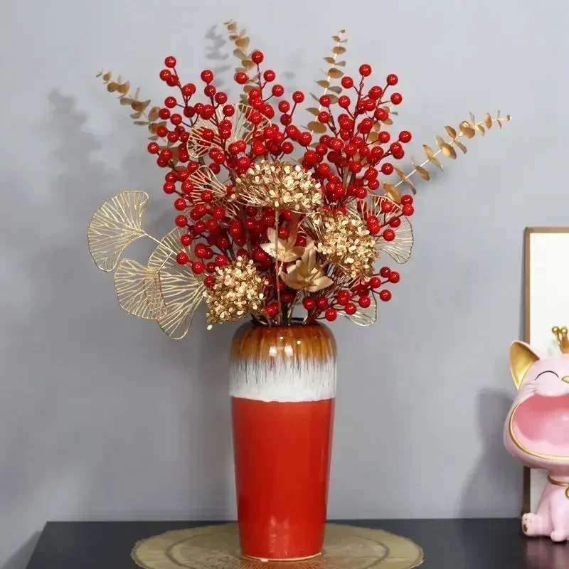 

Simulation Flower Winter Green Fruit Red Fruit Ceramic Vase Set Art New Year Wedding Gifts Home Livingroom Furnishing Decoration