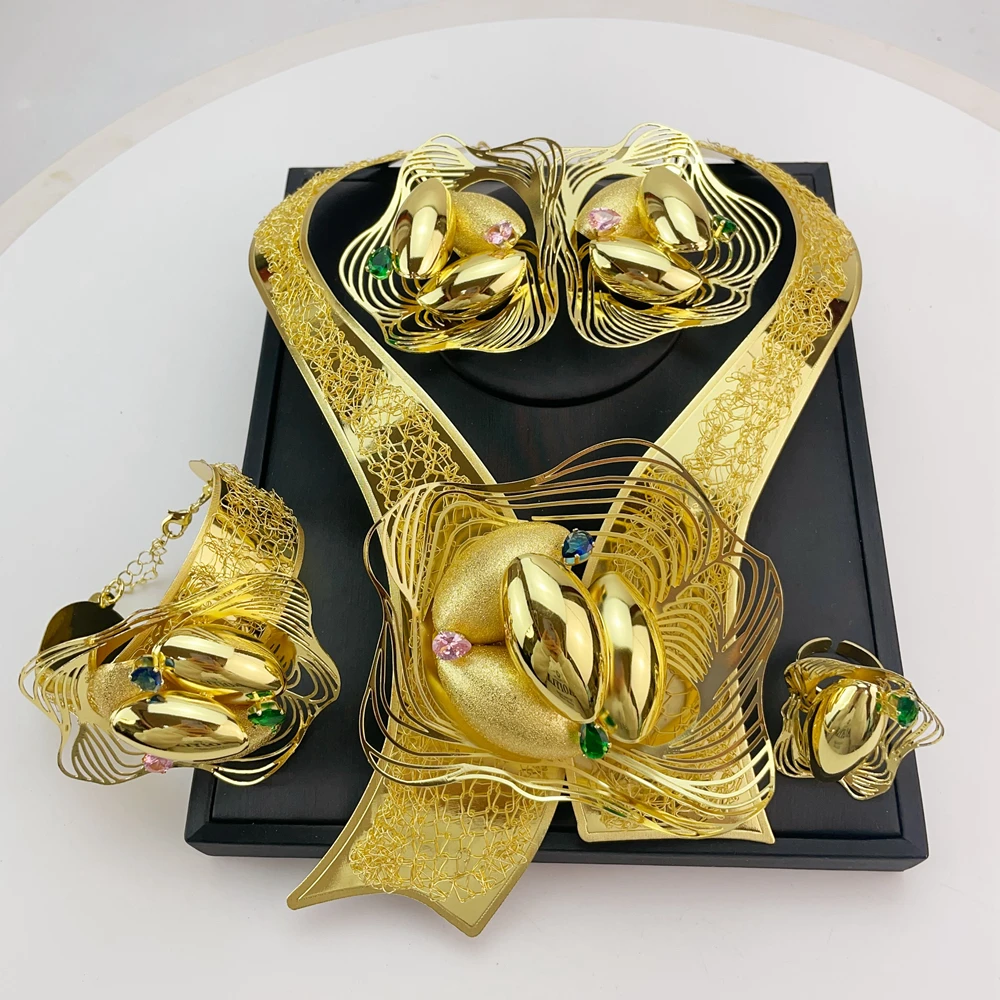 مجموعة مجوهرات برازيلية مطلية بالذهب من إيما للنساء، قلادة على شكل زهرة جريئة أفريقية، أقراط، سوار، خاتم، هدايا مجوهرات الزفاف