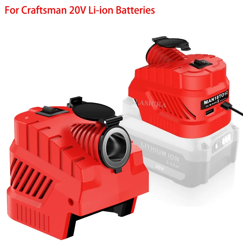 DC 12V Step-Down Inverter Power Adapter with USB and Type-C Ports for Craftsman 20V Lithium Batteries Cigarette Lighter Socket
