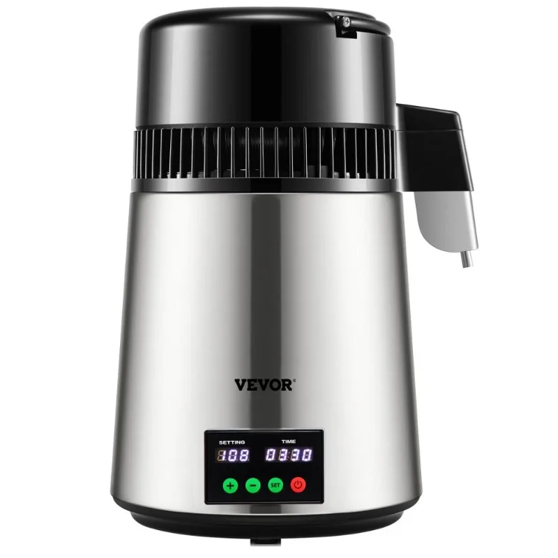 750W 99H Timing Temp Display Countertop Distiller With Glass Carafe 3 Carbon Packs Cleaning Powder Silver