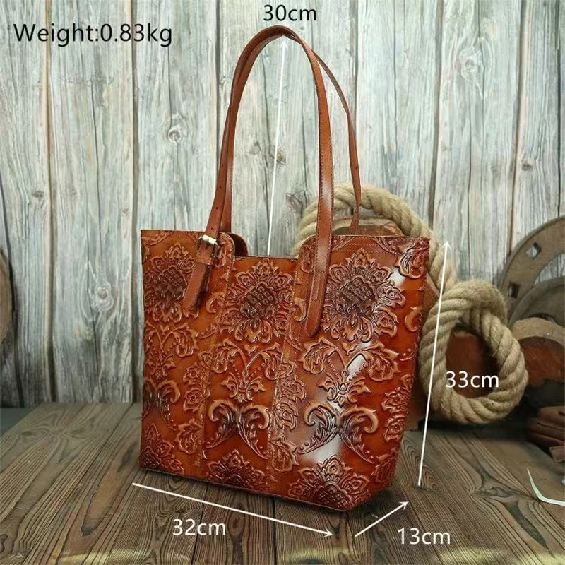 Luxury Floral Genuine Leather Handbag Women Large Real Cow Leather Tote Bag Fashionable Ladies Shoulder Bags