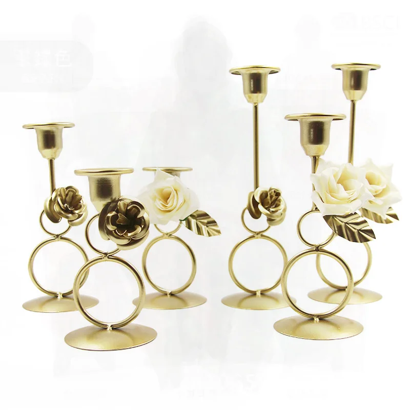 

European-Style Golden Romantic Iron Candlestick Iron Flower Party Wedding Table Decoration Ring Candle Holder Ornament Prop
