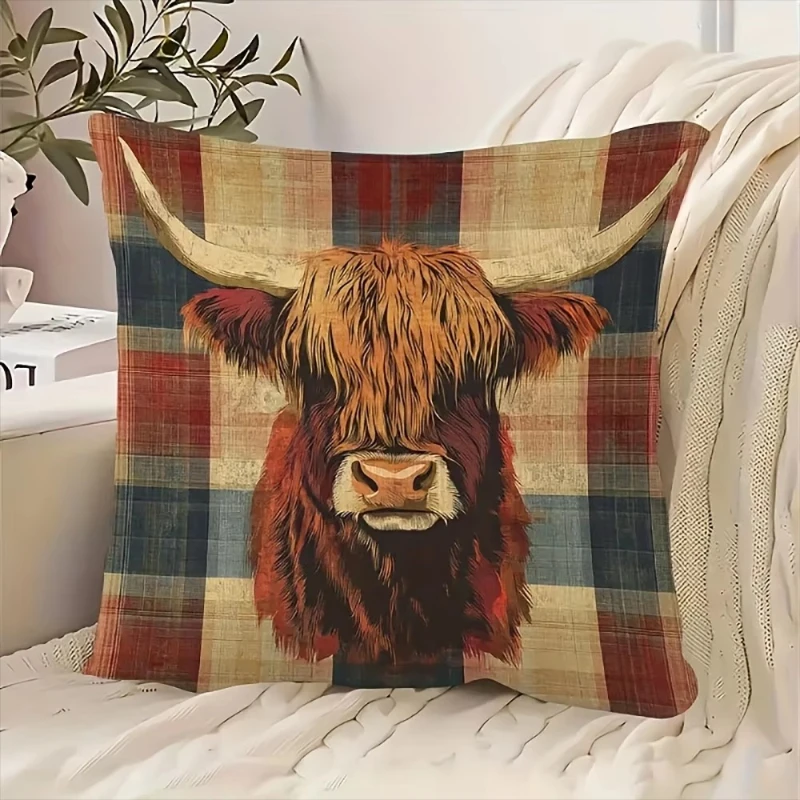 2D flat- Rustic Highland Cow Plaid Throw Pillow Cover Farmhouse Decor Cushion Case for Sofa Couch Bed