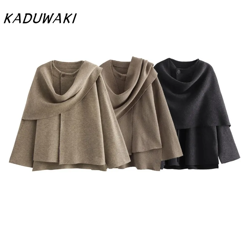 KADUWAKI Retro Round Neck Long Sleeve Solid Coats Fashion Single-breasted Loose Knit Blends with Asymmetric Scarf Пальто Женское