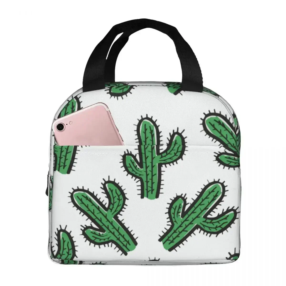 Cactus Lunch Bags Portable Insulated Canvas Cooler Cute Thermal Picnic Lunch Box for Women Girl