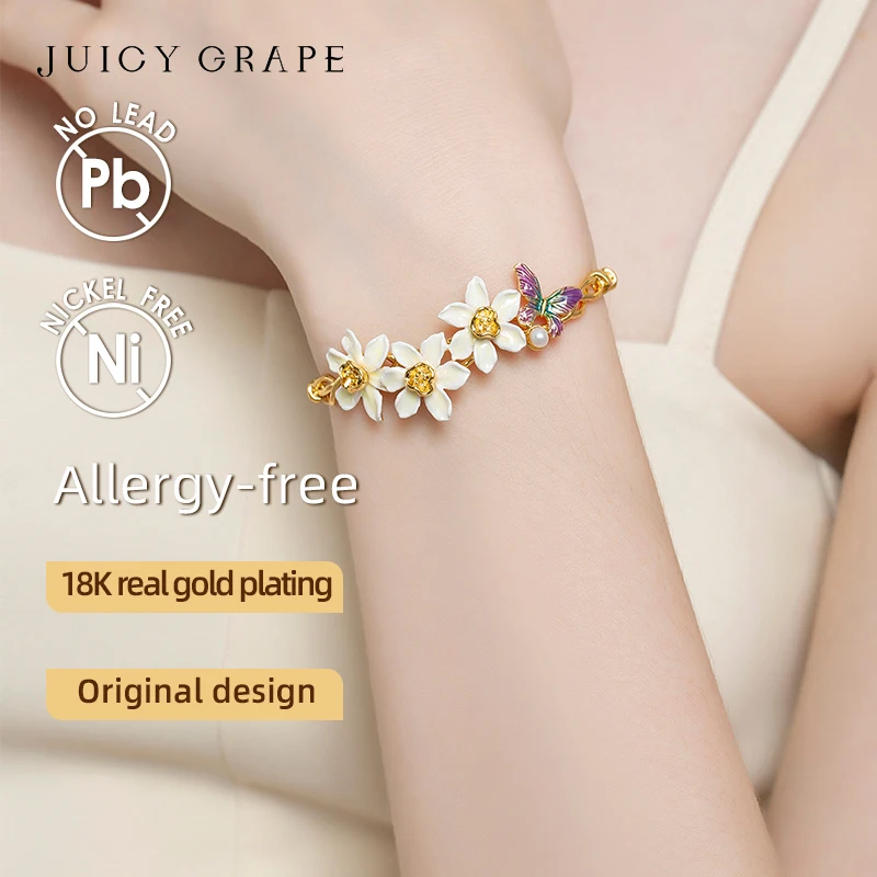 Juicy Grape Daffodil Butterfly Bracelets for Women 18K Gold Plated Enameled Craft Adjustable Chain Design Birthday Party Jewelry