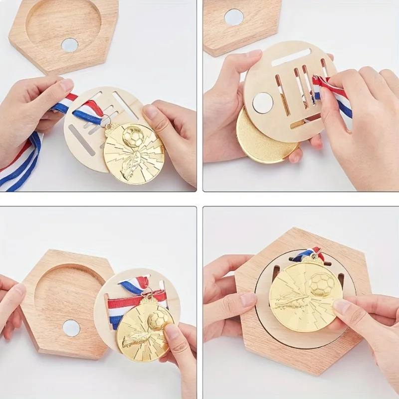 6Pack Hexagonal Wooden Medal Display Racks Wall-Mounted DIY Decorative Display Rack for Medals Honor Badge Organizer Wall Hanger view 6