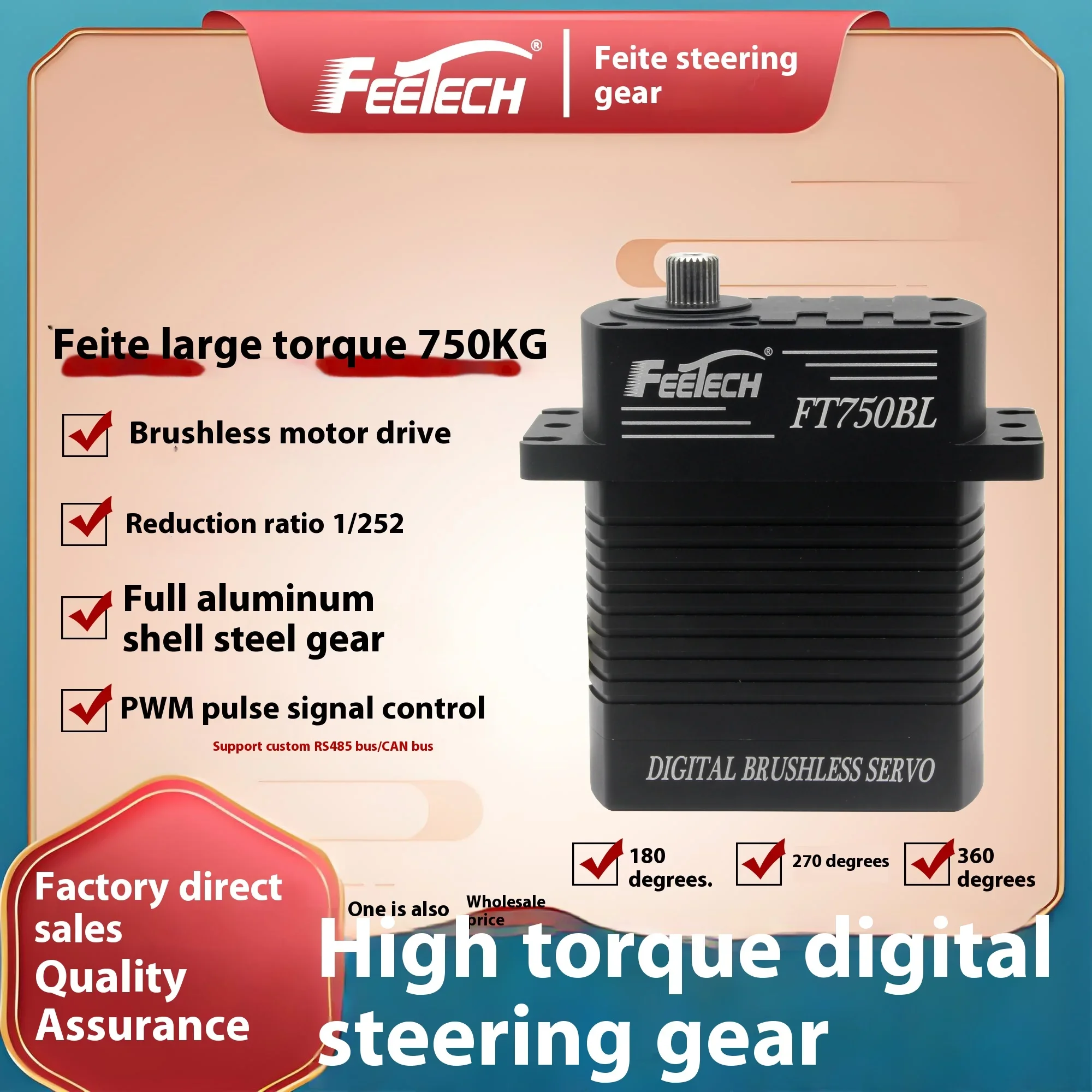 Feite 750 кг Полностью алюминиевый корпус 24 В Цифровой 180 градусов Промышленный робот Рулевое управление с высоким крутящим моментом Металлические радиоуправляемые сервоприводы RC Запчасти Accs f