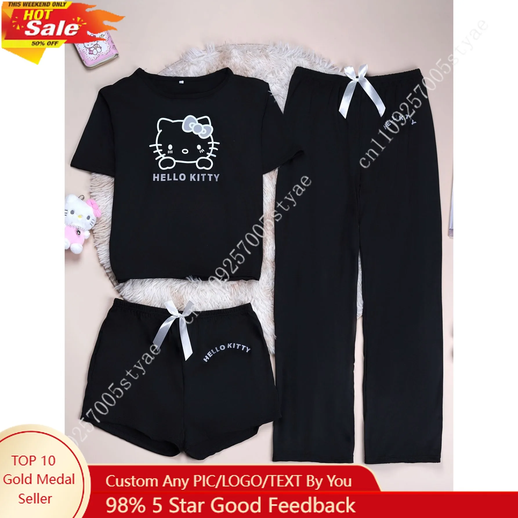 

3pcs Set Top Pants Shorts Sanrio Hello Kitty Women's Pajamas Set Cartoon Pattern Cute Women's Pajamas Round Neck Long Sleeve