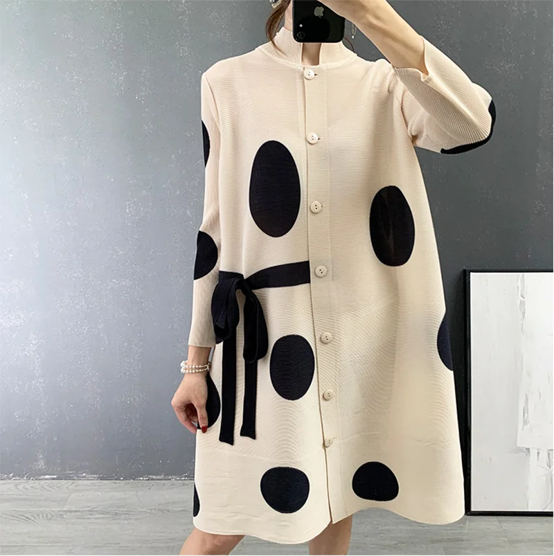 2026 Festival Clothing, Elegant, miyake Stand Collar Pleated Dress for Women, Autumn, Single Breasted, Drawstring Dot Printing,