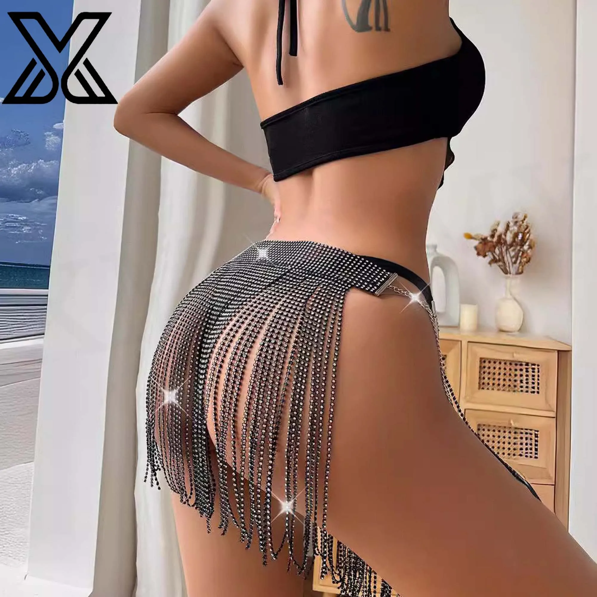 XMJXMY Sexy Sparkling Diamond Strap Splicing Women's Beach Bikini Exterior Shining Half Skirt Tassel Skirt for Women