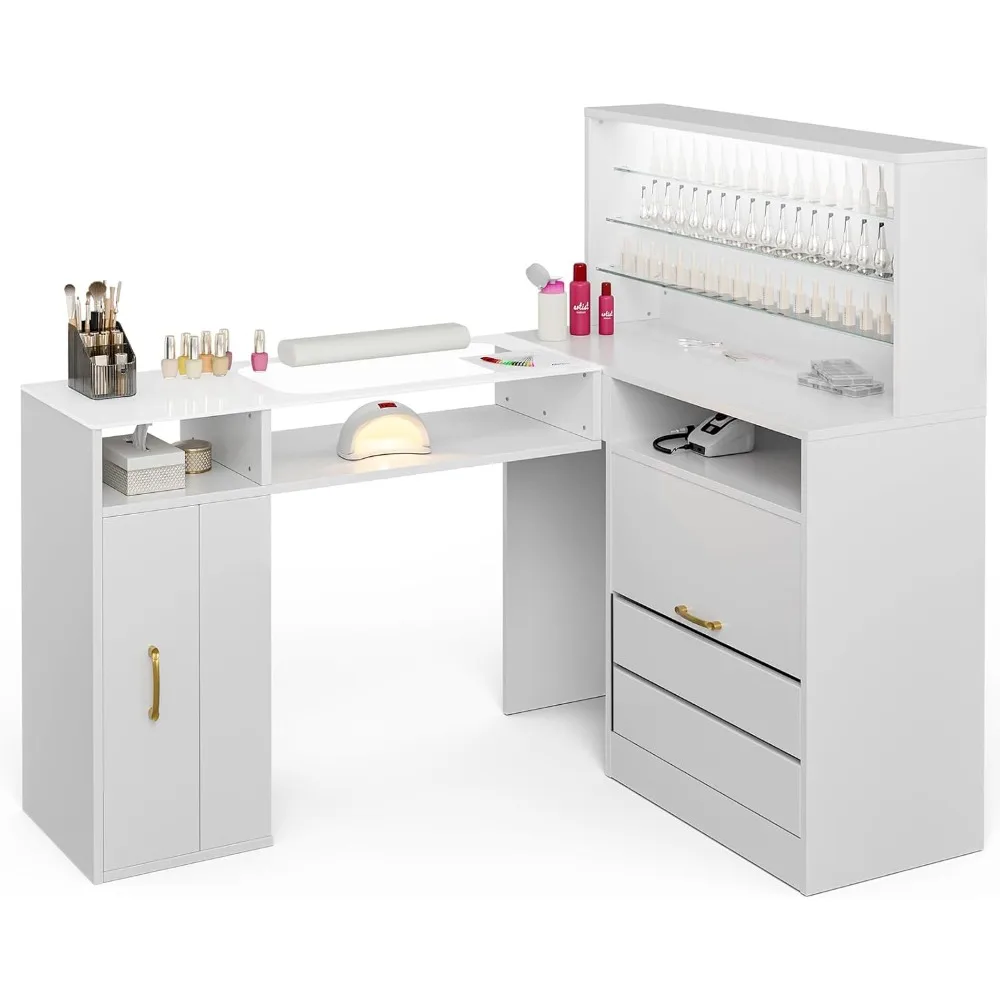 Manicure Table with LED Light, L-Shaped Glass Top Nail Tech Table w/2 Storage Shelves, Upwards Cabinet Door