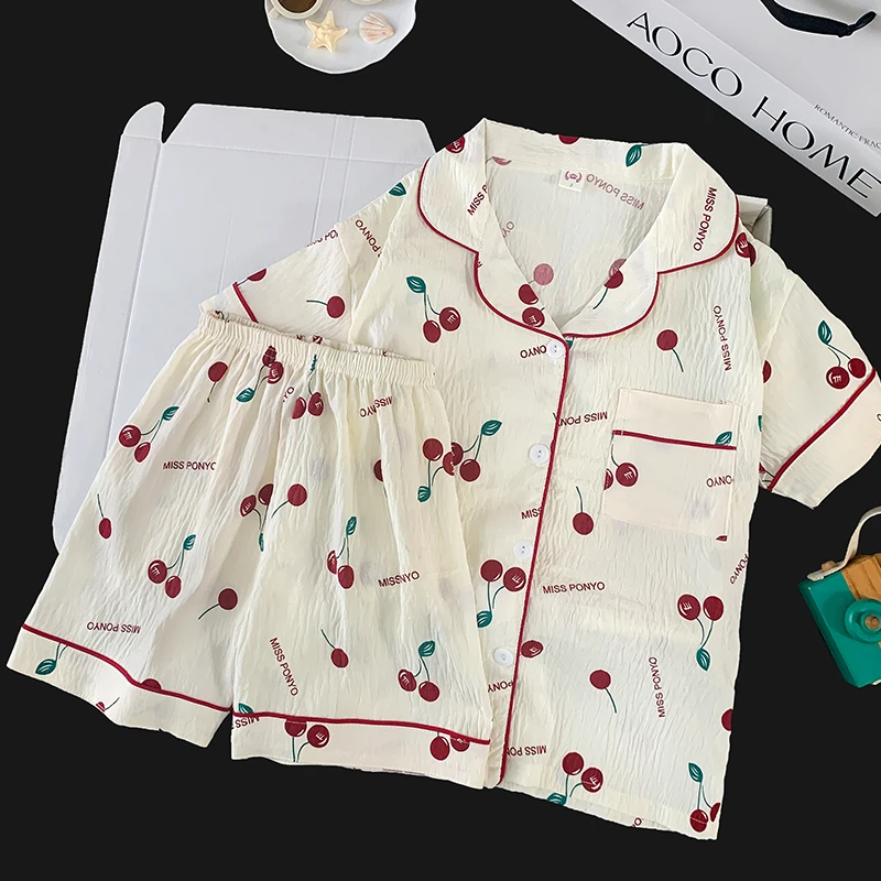 Adorable Conjunto de Ropa para el Hogar de Algodón con Estampado de Cerezas
