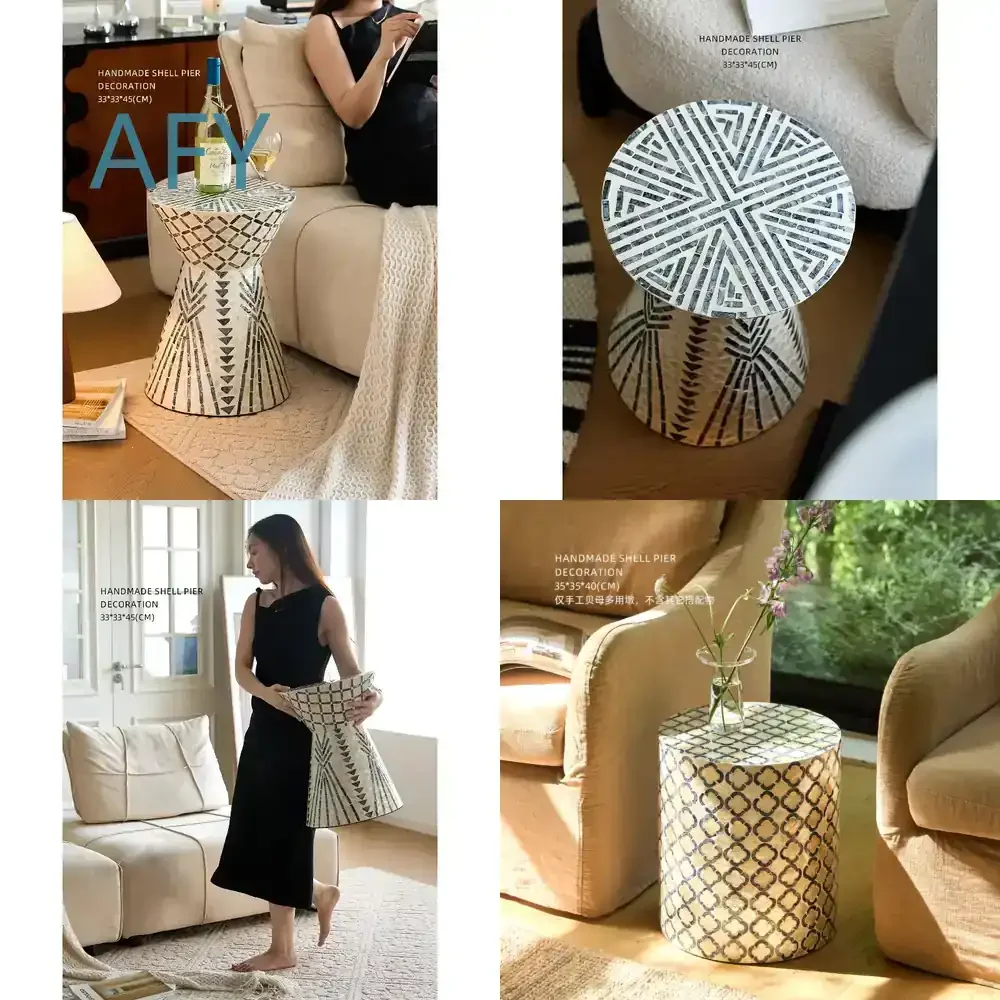 Home Antique Handmade Collage Shell Edge Small Coffee Table for Sofa Side Table Living Room Bedside Table for Modern