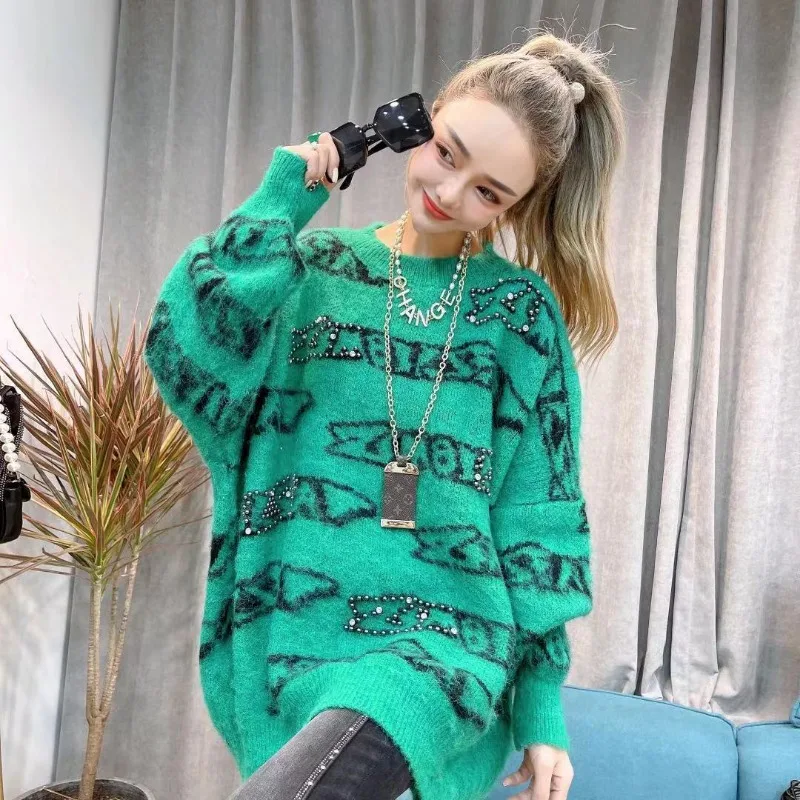 المرأة الكورية رسالة حجر الراين الشارع الشهير Y2K كبيرة الحجم شيك محبوك سترة الخريف الشتاء س الرقبة طويلة الأكمام البلوز تونك القمم