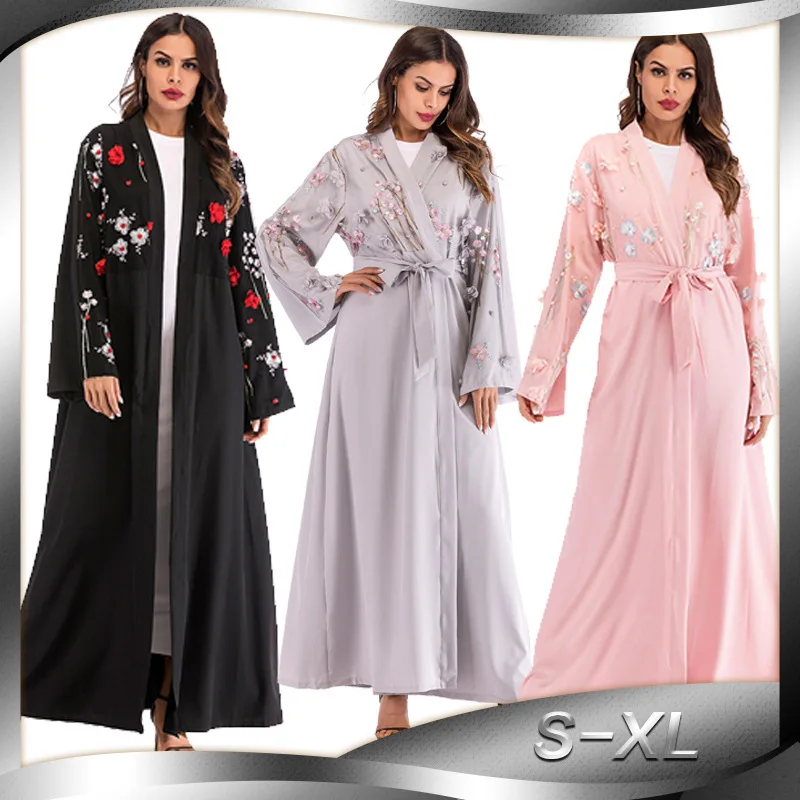 

Muslim Three-dimensional Flower Mesh Loose Lace Up Cardigan Robe Without Headscarf 1632 Abaya Ramadan Dubai Luxury Islam Elegant