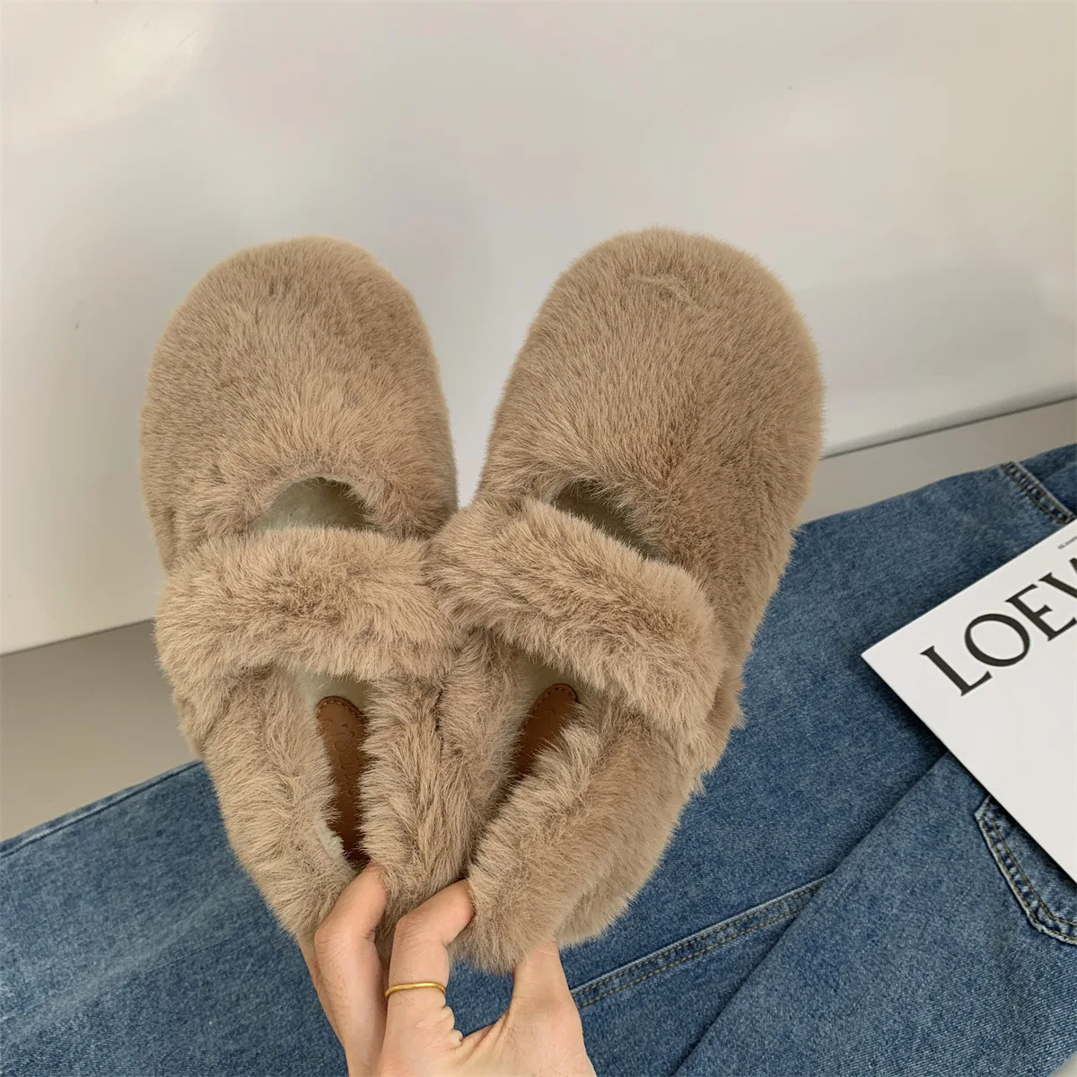 Flat bottom plush shoes women's winter outer wear winter plus velvet thickening one pedal beanie cotton shoes