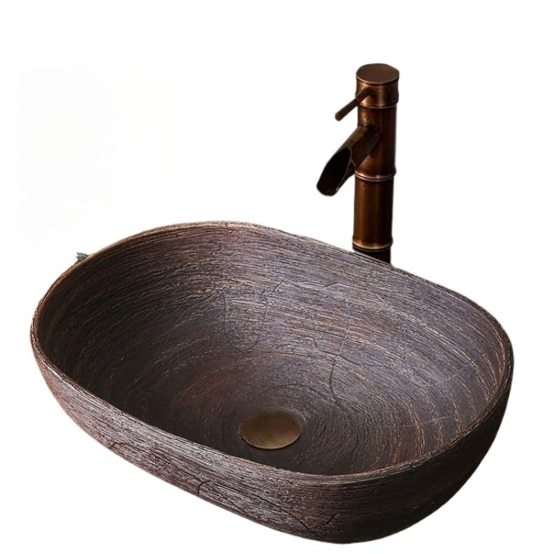 

Retro stage basin imitation wood grain art hand washing large oval creative homestay balcony washing basin
